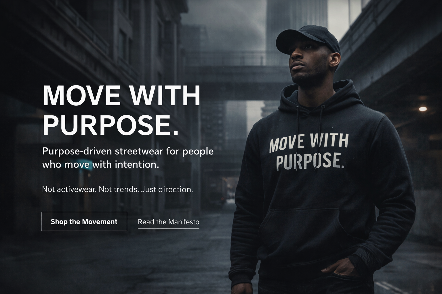 Man wearing a black hoodie with 'Move with Purpose' text in an urban setting